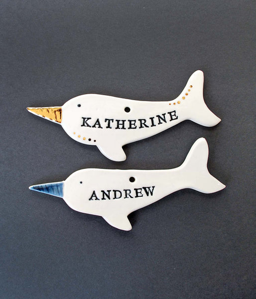 Narwhal Ornament, PersonalizedA unique and special way to celebrate the holidays. This personalized narwhal ornament can be glazed white or blue, with optional gold. Add a first name, last name, 