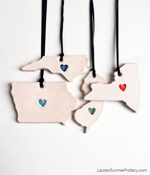 State Ornament with Heart - Made to OrderState Heart Christmas Ornament - handmade with porcelain white clay. The heart can be glazed in the color of your choice. You can hang this ornament in a hook in you