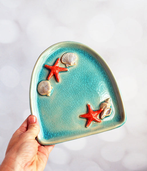 Aqua and Orange Shell Tray Jewelry Holder