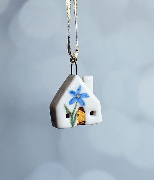 Mini House Ornament - Blue Flower