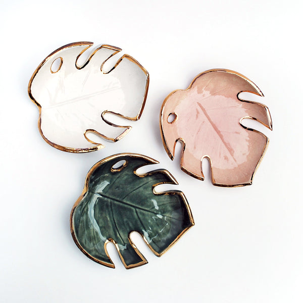Three Monstera leaf shaped ceramic dishes