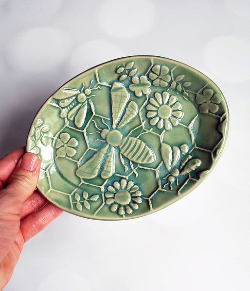Green Bee Oval Tray