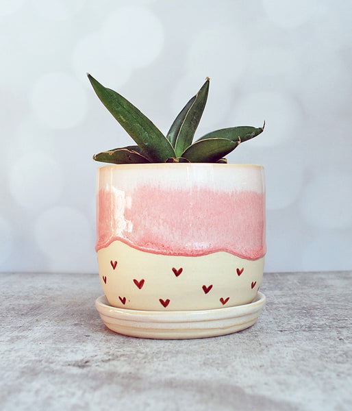 Pink Heart Planter - Medium with saucer