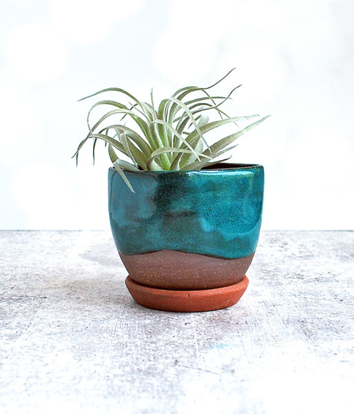 Teal and Brown Planter - Medium