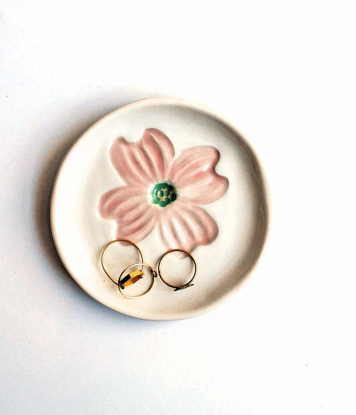 porcelain ring dish with pink dogwood stamped