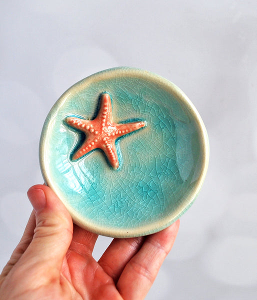 Aqua and Orange Starfish Ring Dish