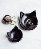 Black cat shaped ceramic dish, two sizes, holding rings