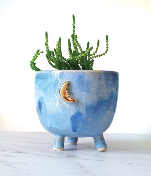 Blue and Gold Moon Planter - Medium with tripod legs