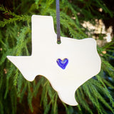 State Ornament with Heart - Made to OrderState Heart Christmas Ornament - handmade with porcelain white clay. The heart can be glazed in the color of your choice. You can hang this ornament in a hook in you