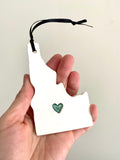 State Ornament with Heart - Made to OrderState Heart Christmas Ornament - handmade with porcelain white clay. The heart can be glazed in the color of your choice. You can hang this ornament in a hook in you