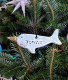 Narwhal Ornament, PersonalizedA unique and special way to celebrate the holidays. This personalized narwhal ornament can be glazed white or blue, with optional gold. Add a first name, last name, 
