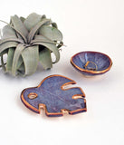 Small Monstera Shaped Ceramic Dish - in purple and gold