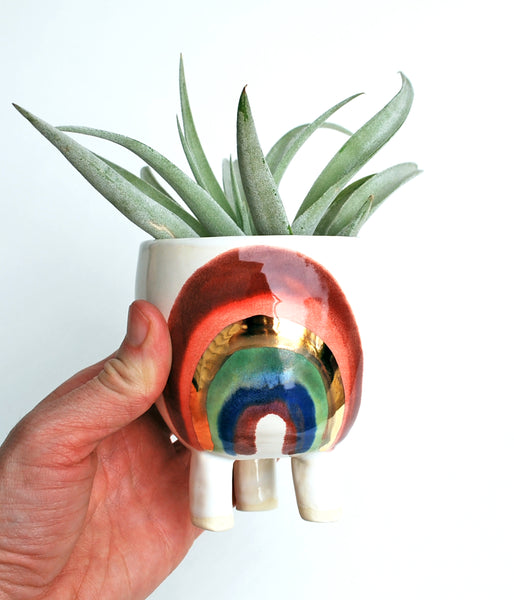 Rainbow Planter - SmallThis little planter has a hand-painted rainbow design. Glazed in bright rainbow colors with a 22k gold luster detail. Perfect for a tiny succulent or an air plant. T